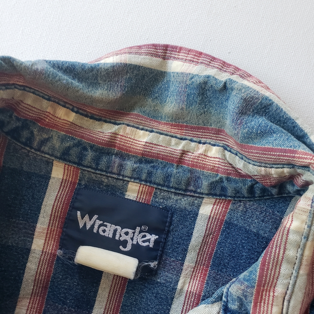 Slim Fit LRG Wrangler Mens Red White Blue Denim Plaid Button Up Western Shirt - Picture 8 of 14